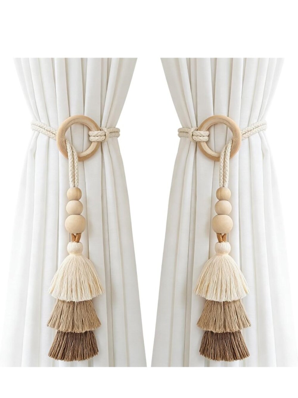 Boho Curtain Tiebacks with Wooden Beads & Tassel 2 Pack, Beige
